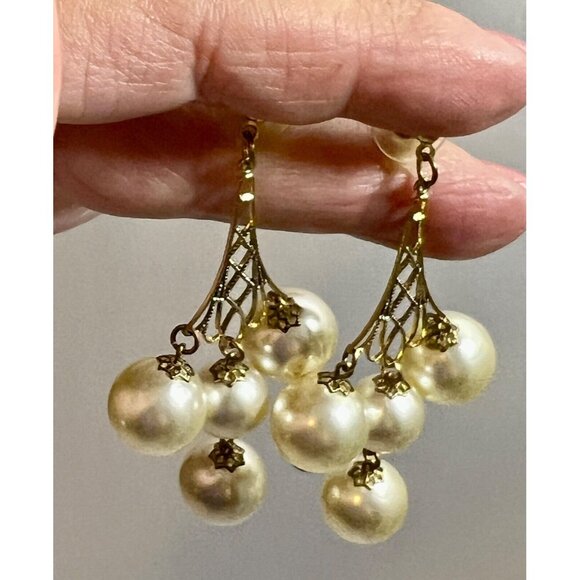 Extra Large Gold Tone Faux Pearl Chandelier Statement Runway Earrings Pierced 3" - Picture 4 of 4